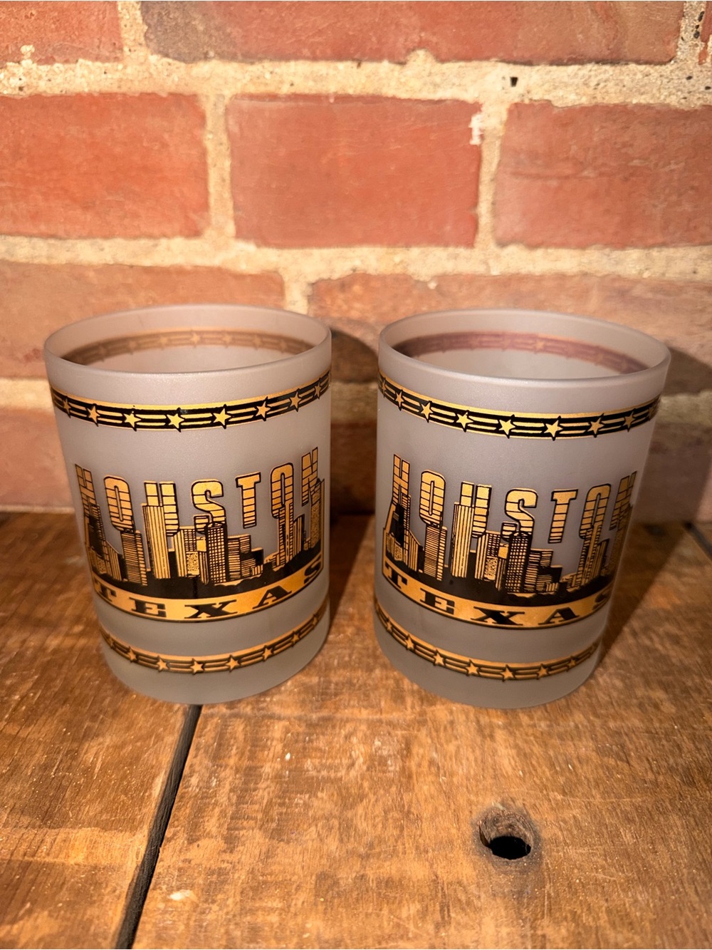 Houston Texas City Skyline Frosted Whiskey Glass Set - Gold and Black 80’s Vtg